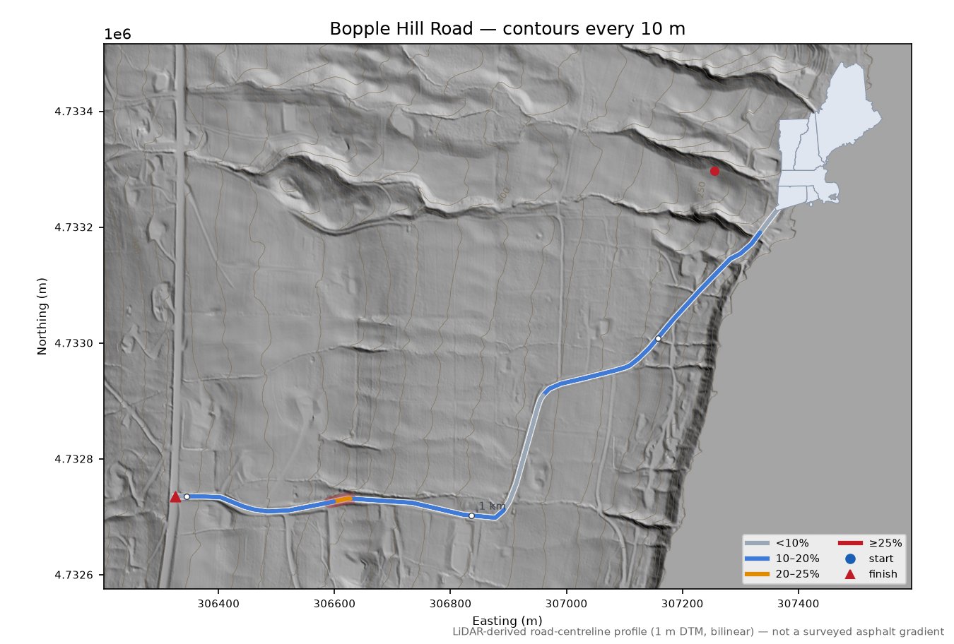 Bopple Hill Road LiDAR hillshade map with contours