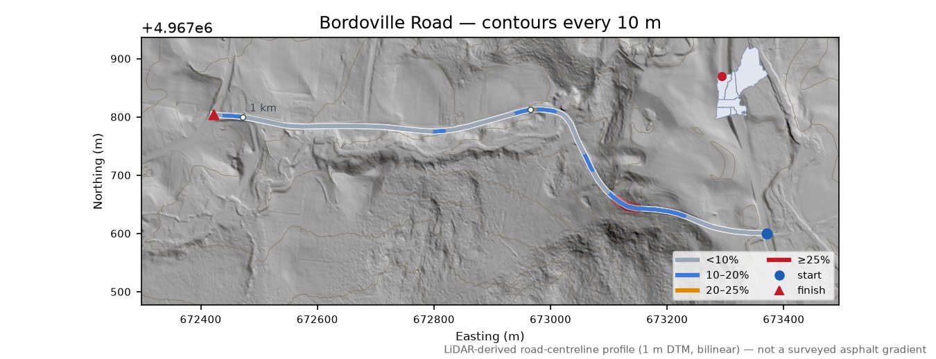 Bordoville Road LiDAR hillshade map with contours