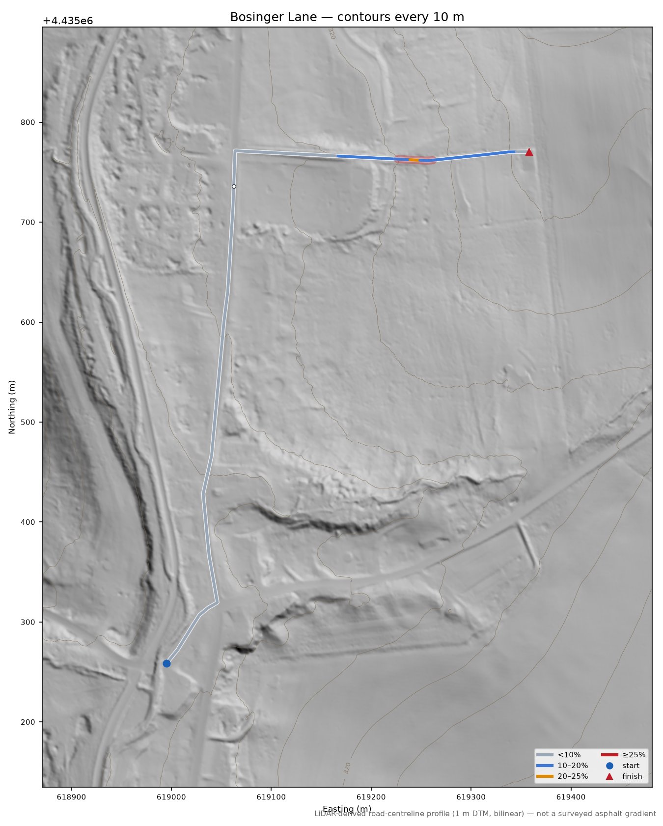 Bosinger Lane LiDAR hillshade map with contours