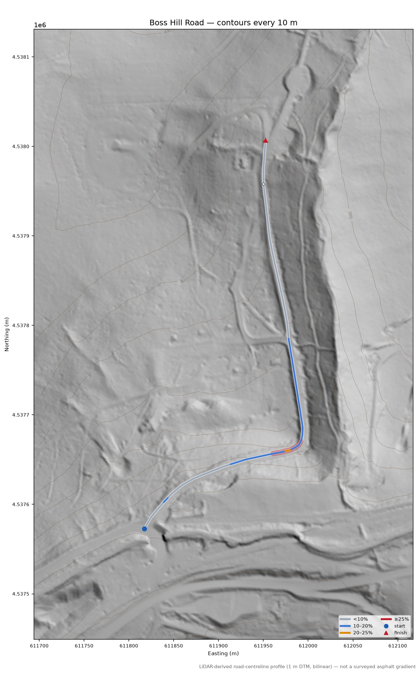 Boss Hill Road LiDAR hillshade map with contours