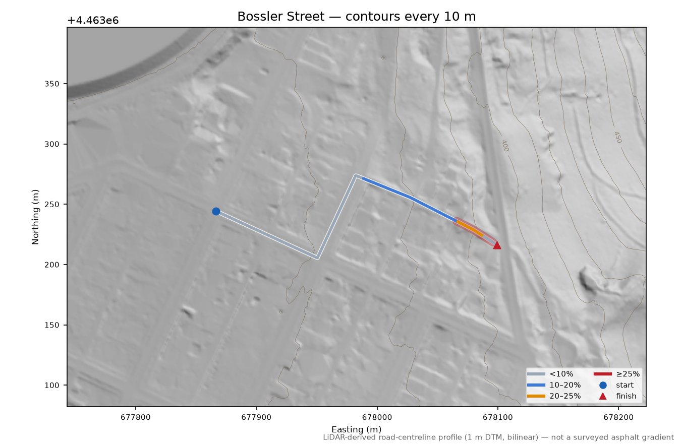 Bossler Street LiDAR hillshade map with contours