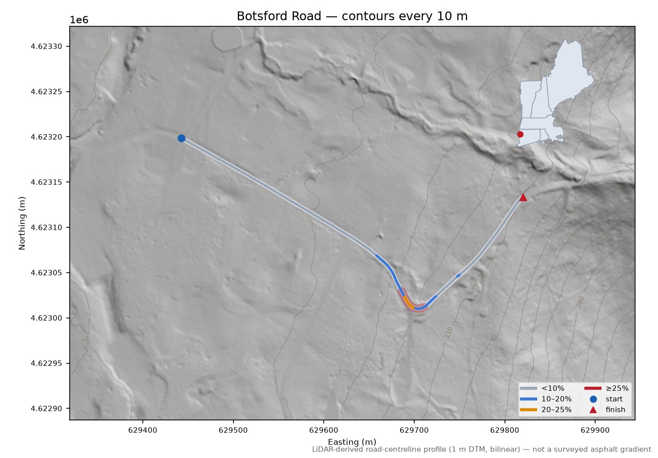 Botsford Road LiDAR hillshade map with contours