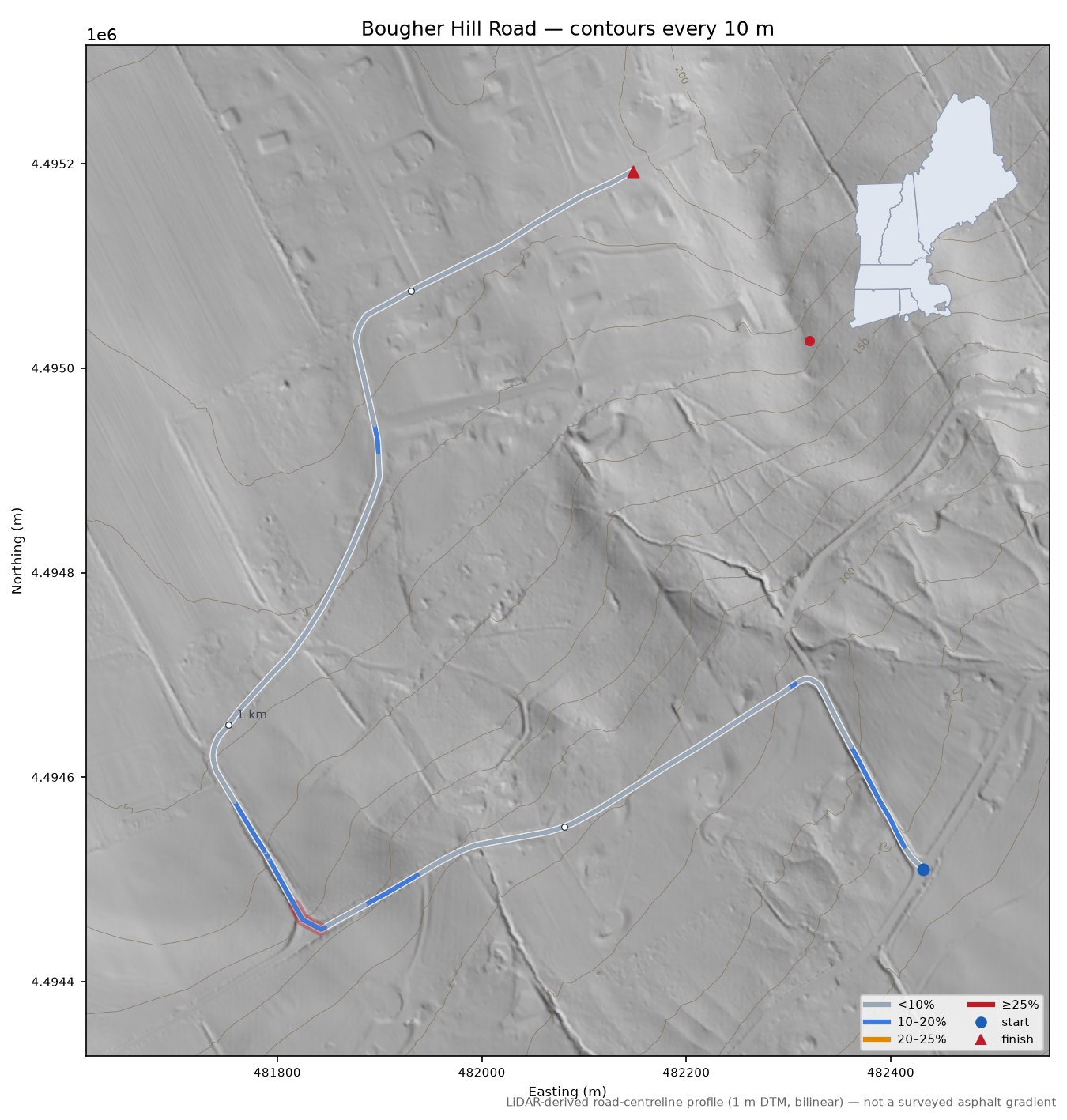 Bougher Hill Road LiDAR hillshade map with contours