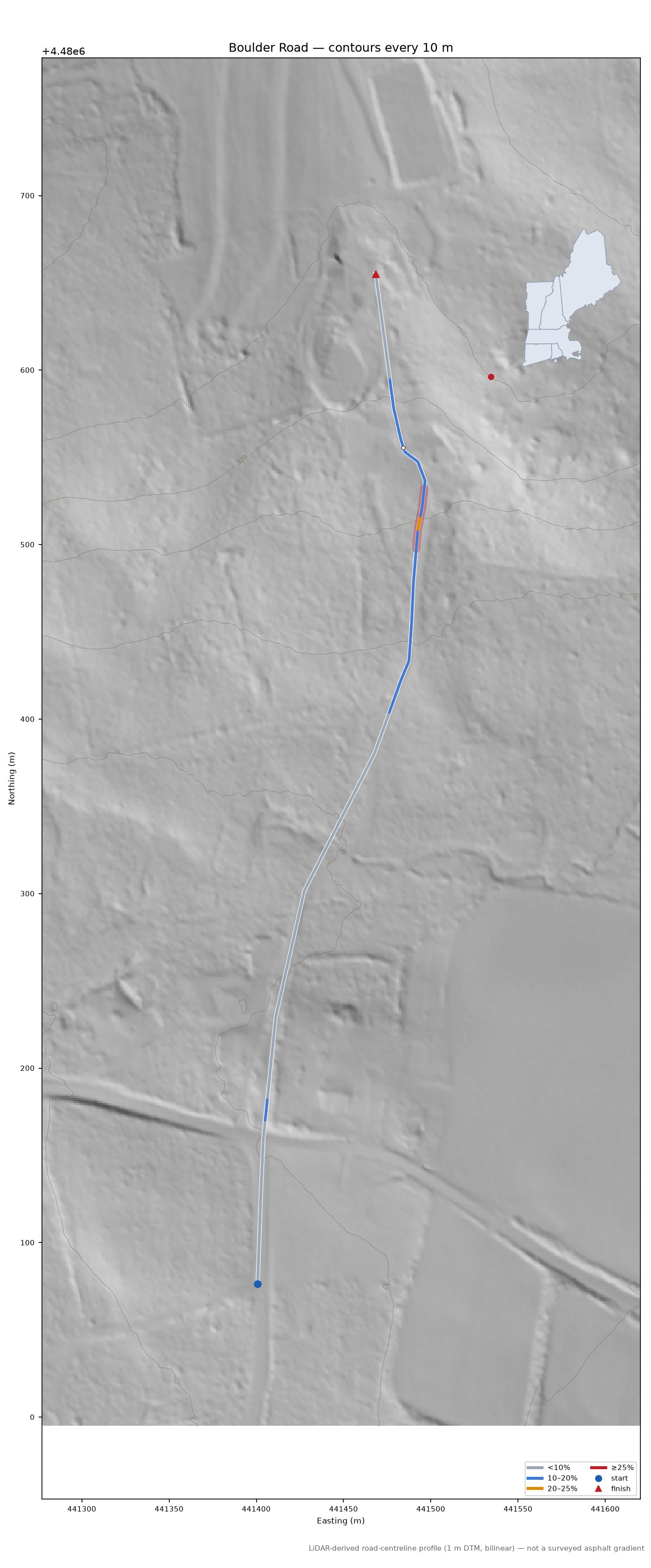 Boulder Road LiDAR hillshade map with contours