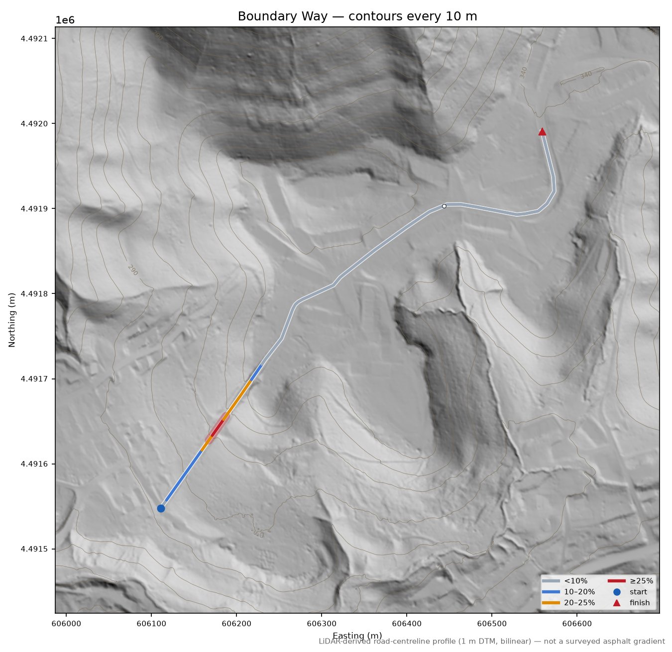 Boundary Way LiDAR hillshade map with contours
