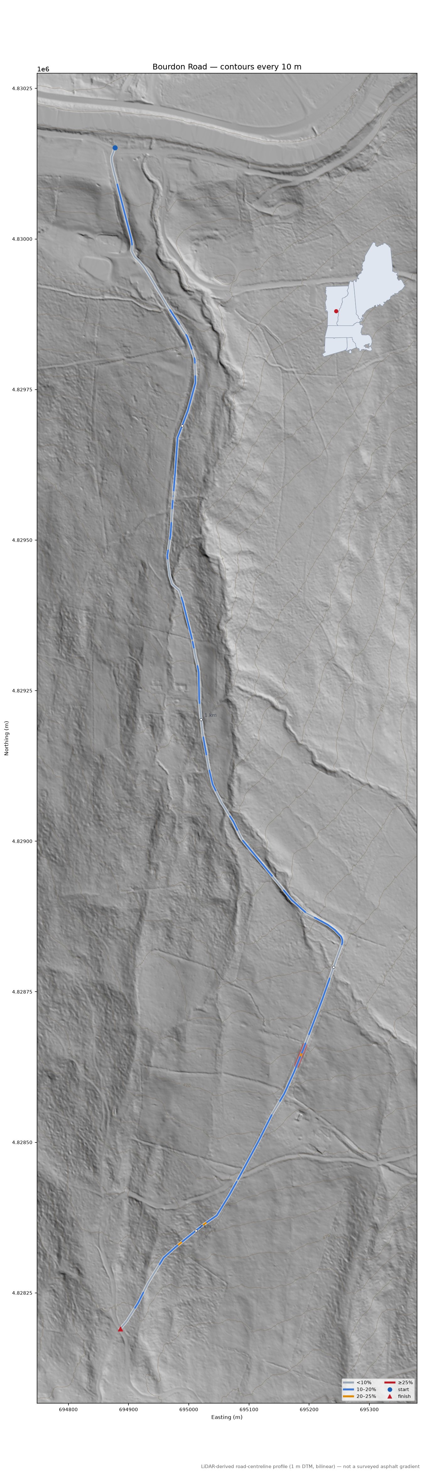 Bourdon Road LiDAR hillshade map with contours
