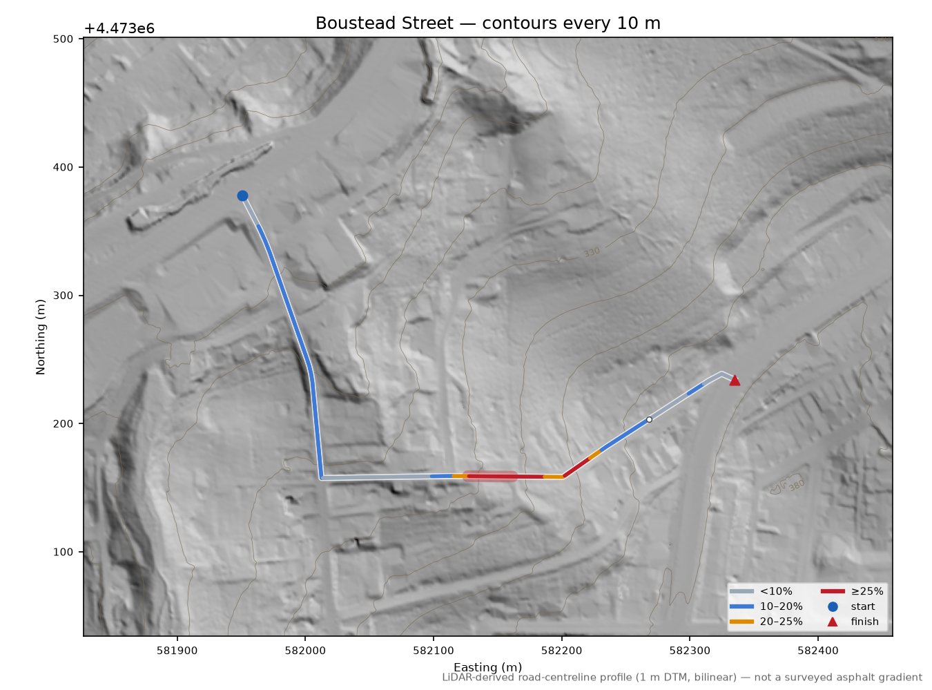 Boustead Street LiDAR hillshade map with contours