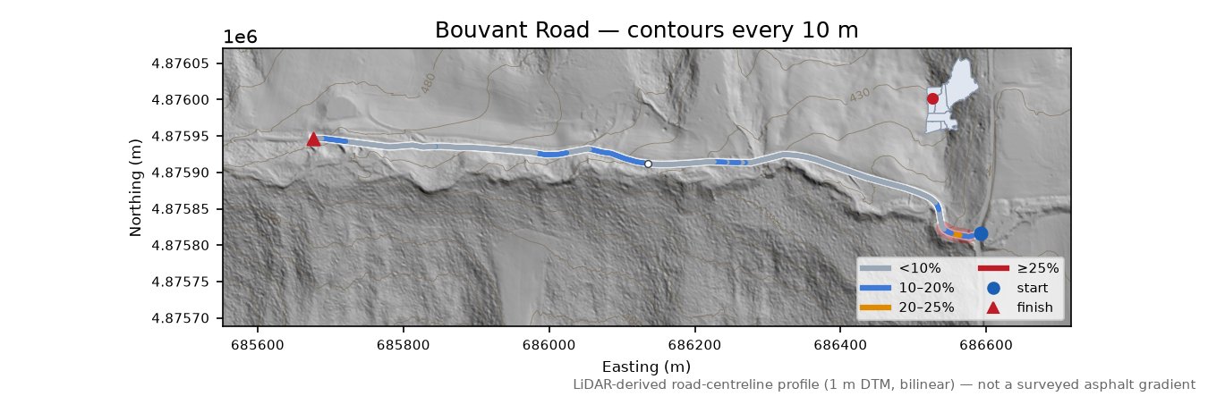 Bouvant Road LiDAR hillshade map with contours