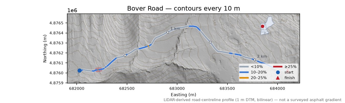 Bover Road LiDAR hillshade map with contours