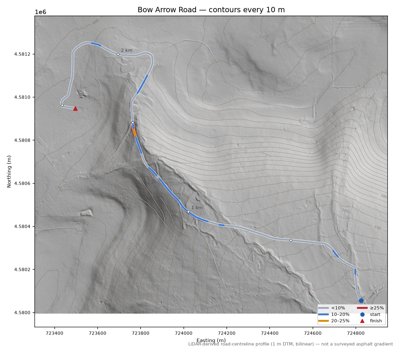 Bow Arrow Road LiDAR hillshade map with contours