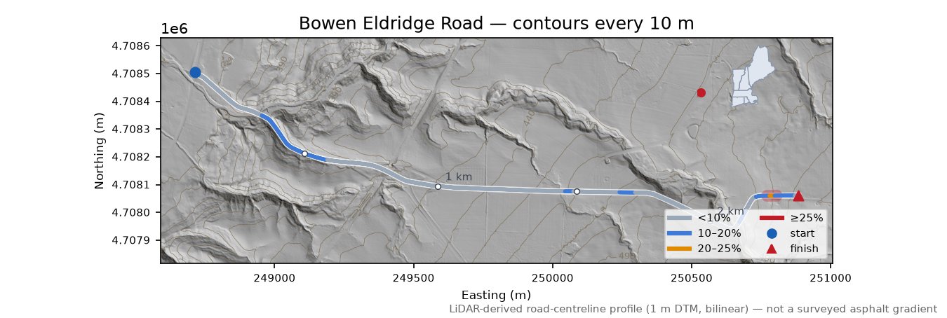 Bowen Eldridge Road LiDAR hillshade map with contours