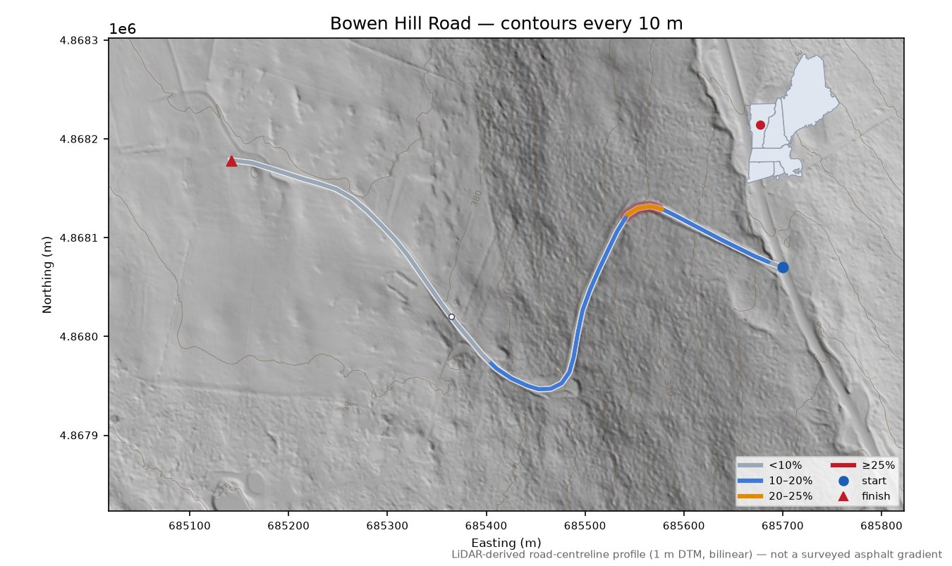Bowen Hill Road LiDAR hillshade map with contours