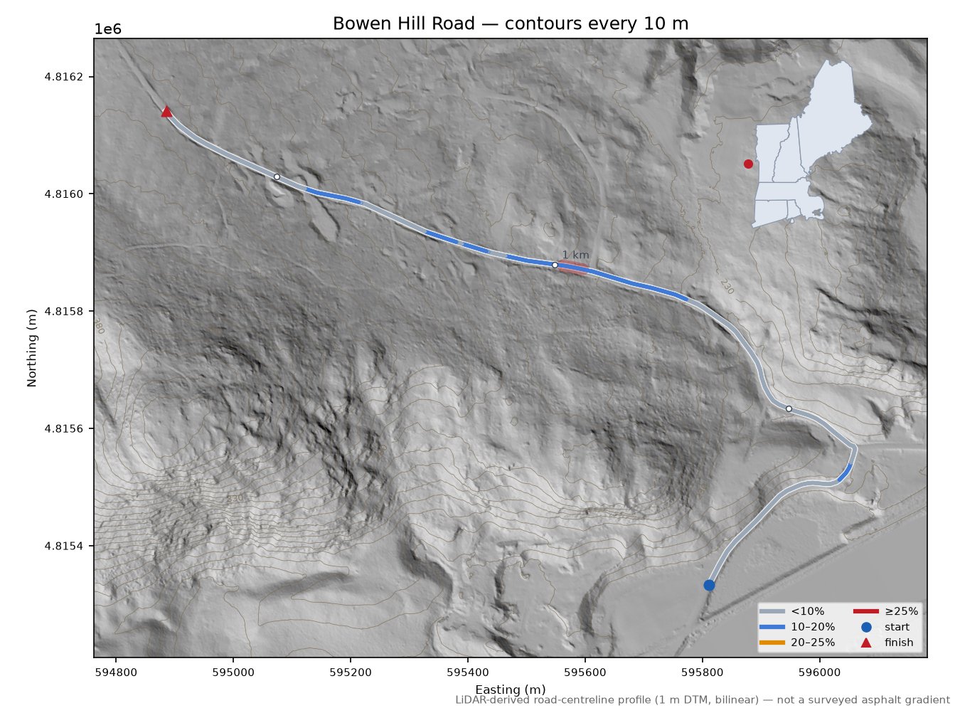 Bowen Hill Road LiDAR hillshade map with contours