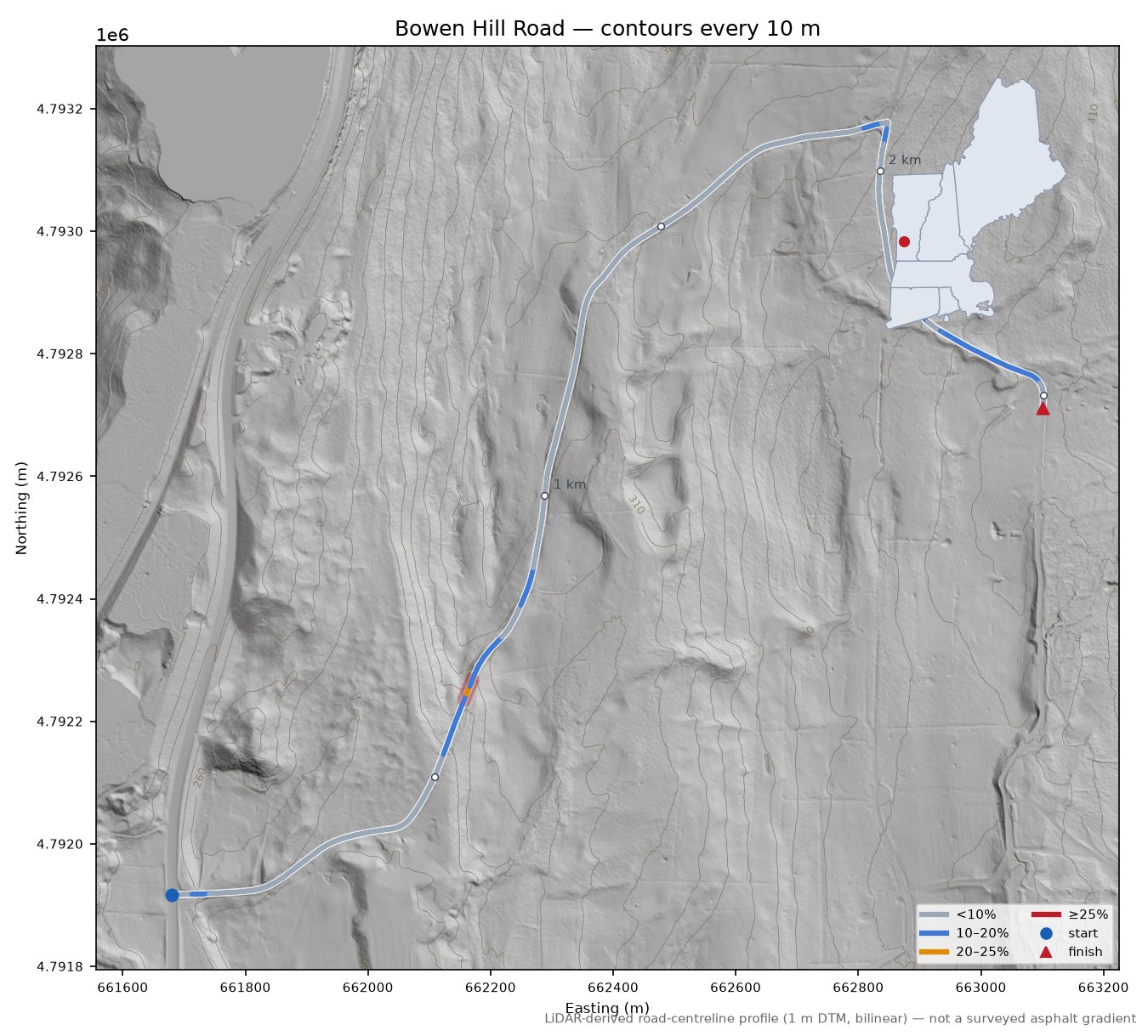 Bowen Hill Road LiDAR hillshade map with contours