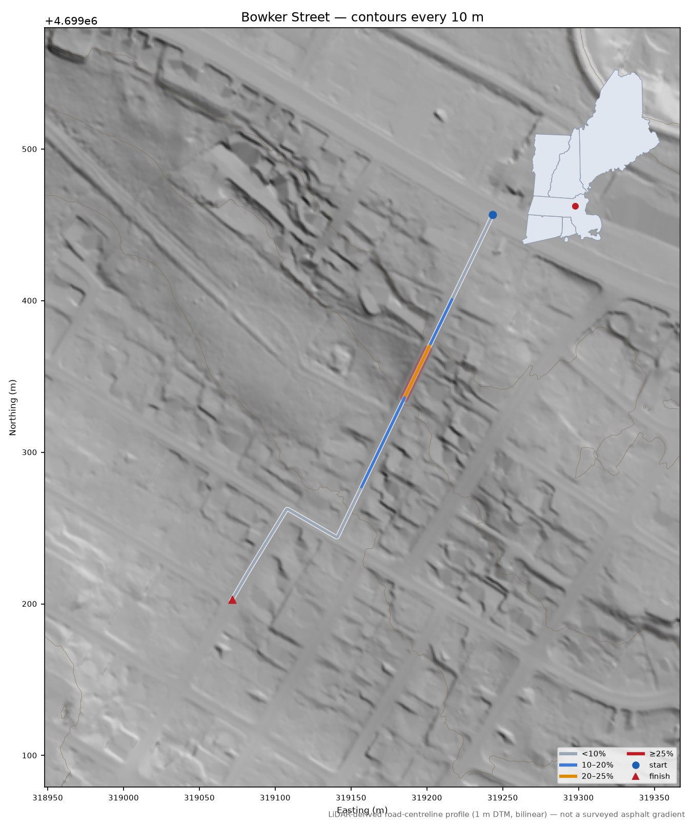 Bowker Street LiDAR hillshade map with contours