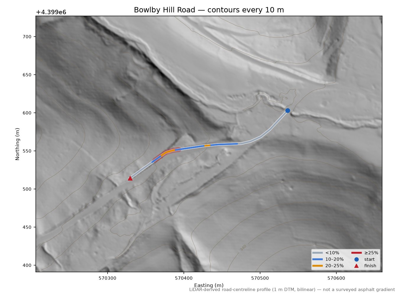 Bowlby Hill Road LiDAR hillshade map with contours