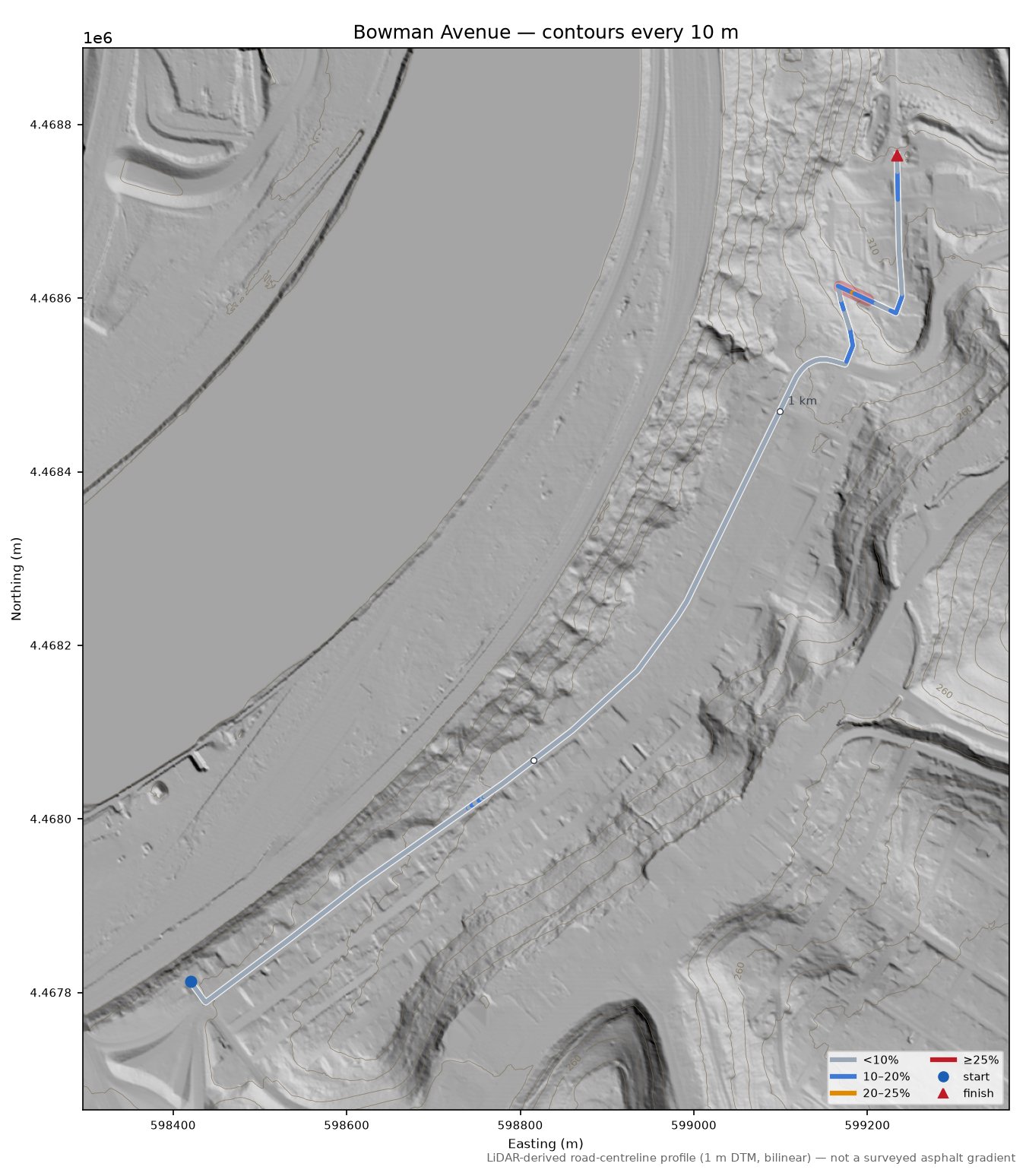 Bowman Avenue LiDAR hillshade map with contours