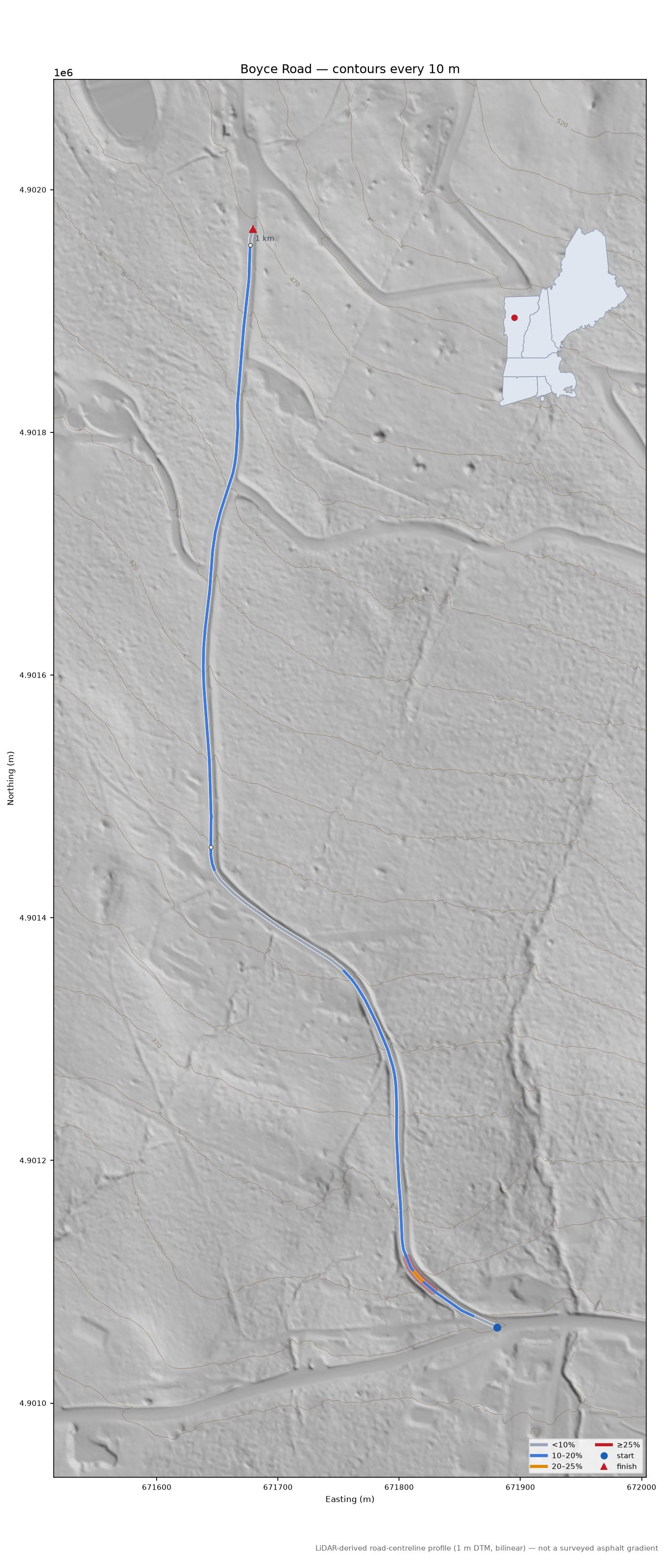Boyce Road LiDAR hillshade map with contours
