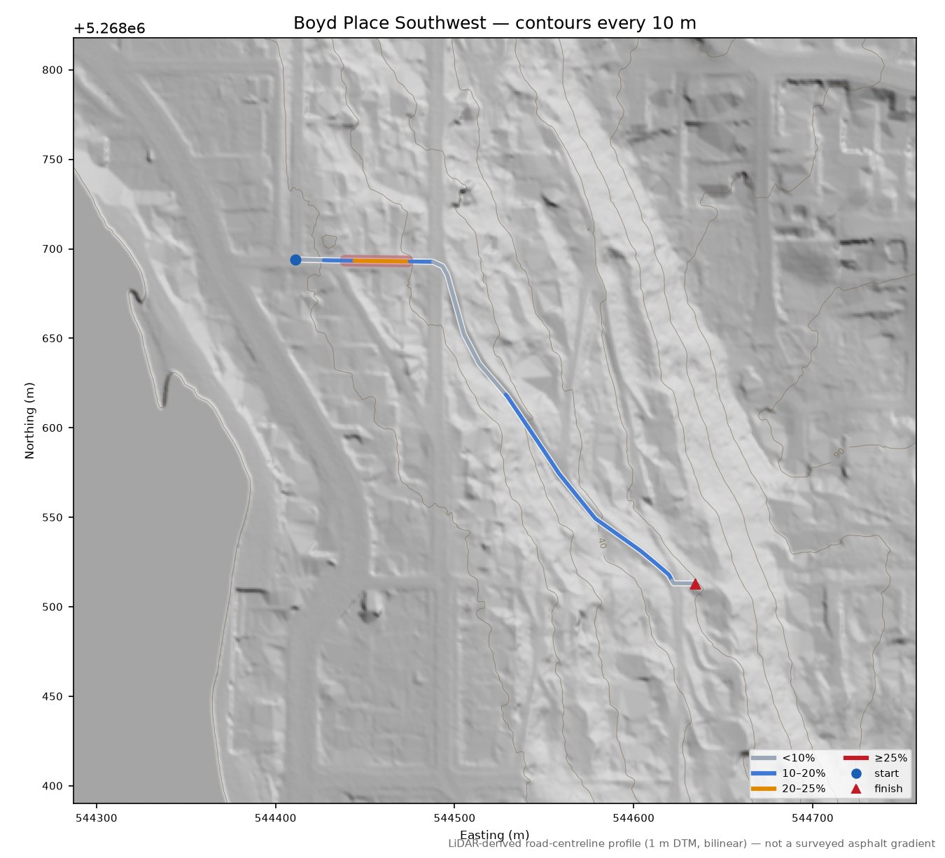 Southwest Charlestown Street LiDAR hillshade map with contours