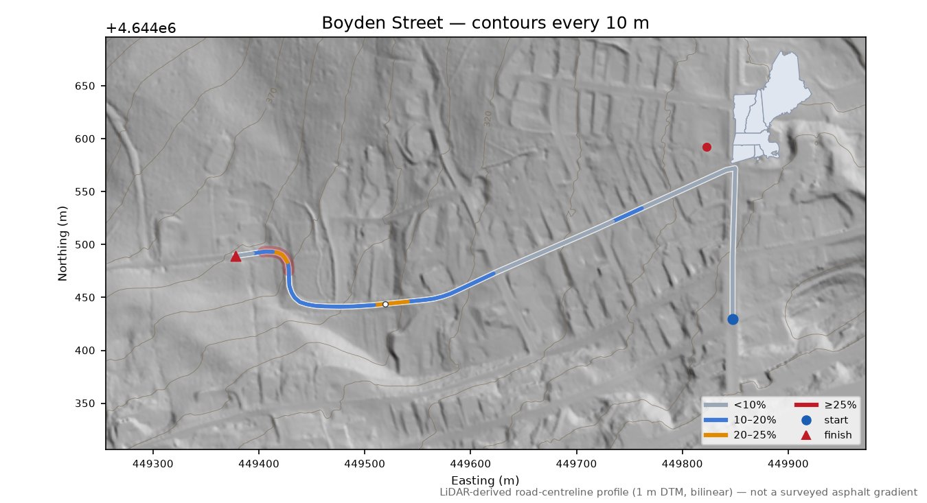 Boyden Street LiDAR hillshade map with contours
