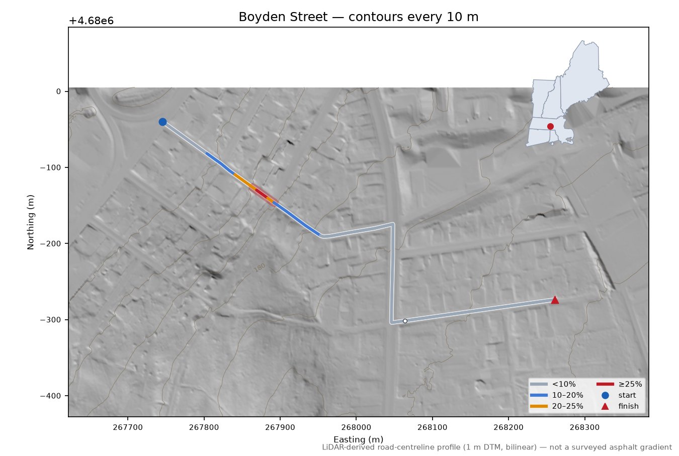 Boyden Street LiDAR hillshade map with contours