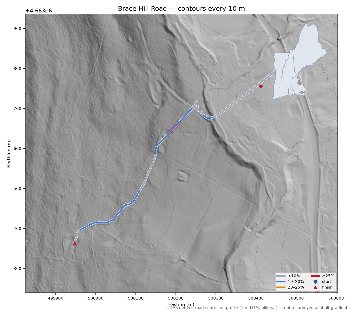 Brace Hill Road LiDAR hillshade map with contours