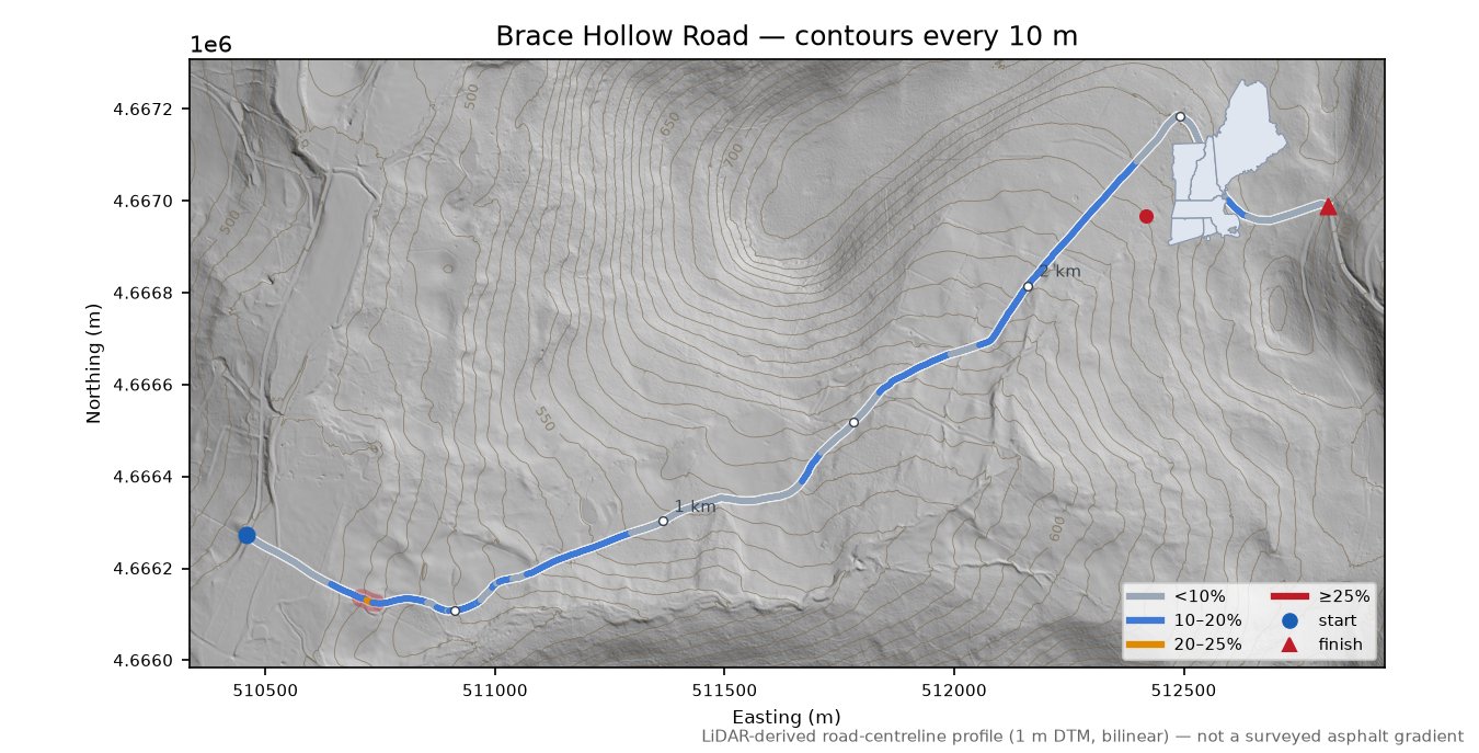 Brace Hollow Road LiDAR hillshade map with contours