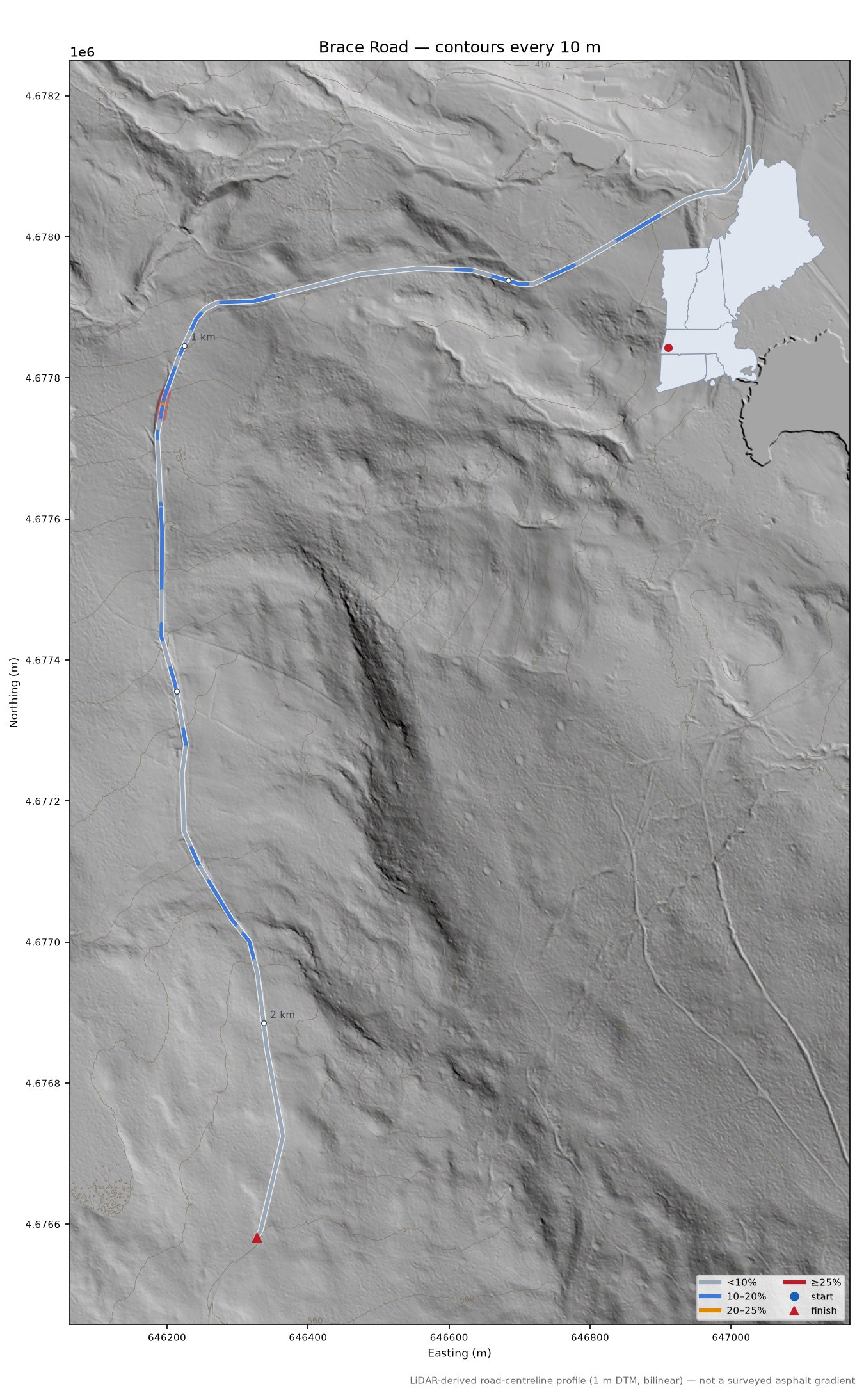 Brace Road LiDAR hillshade map with contours
