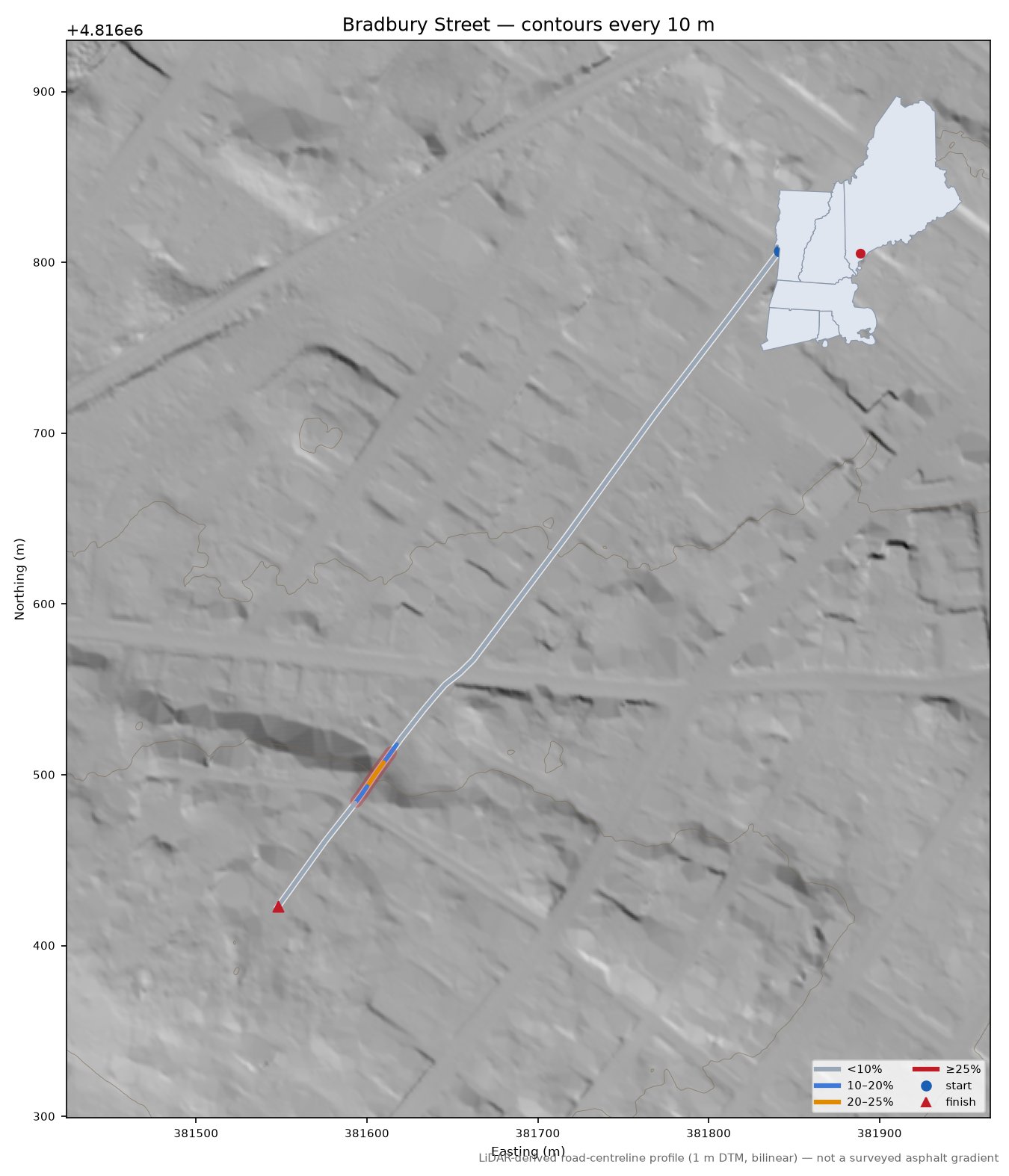 Bradbury Street LiDAR hillshade map with contours