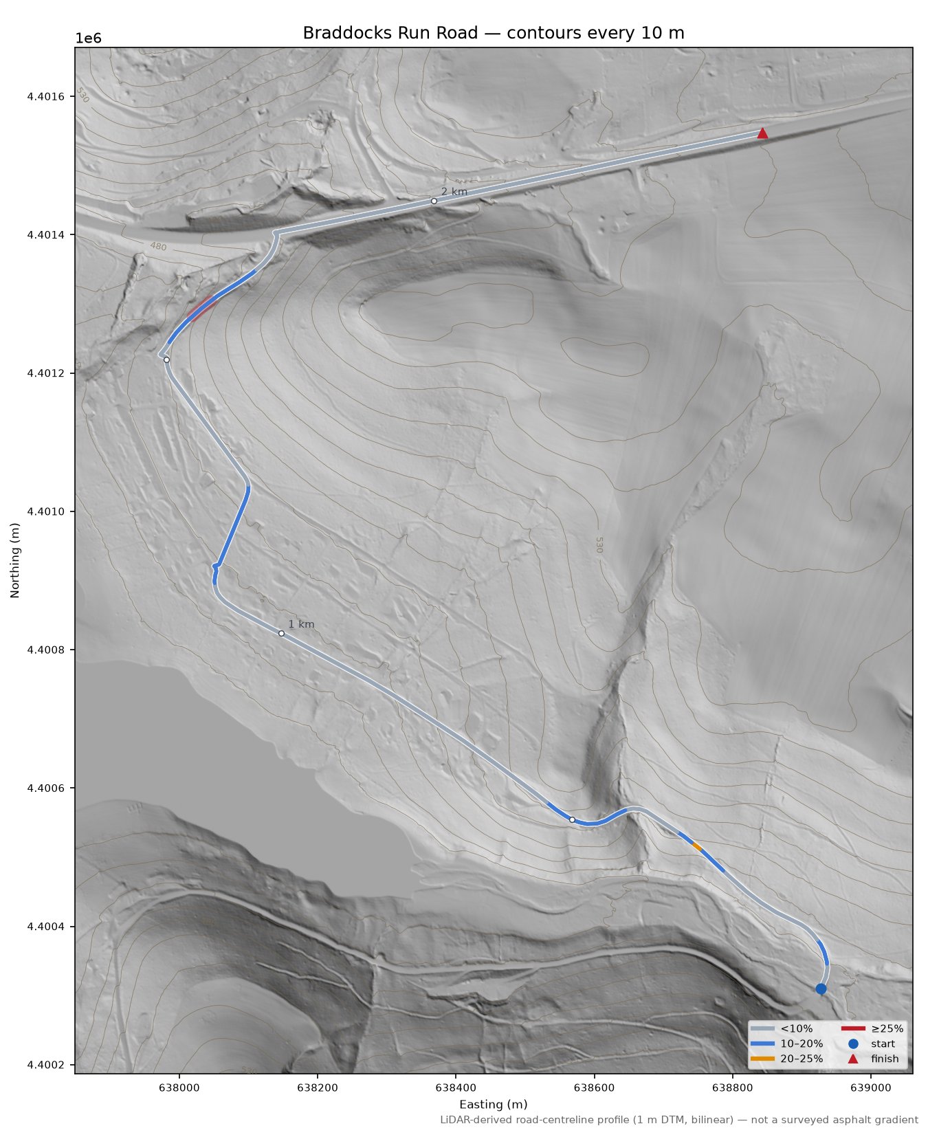 Braddocks Run Road LiDAR hillshade map with contours