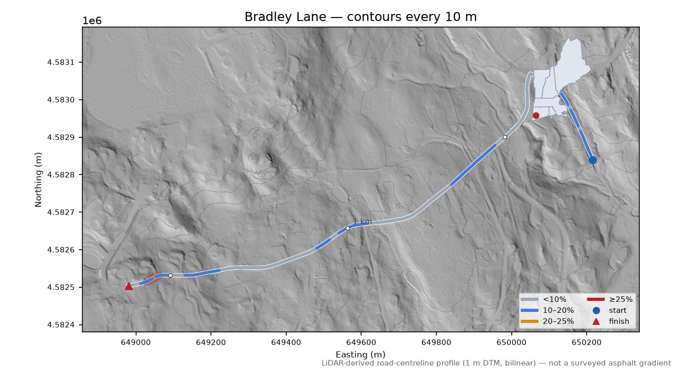 Bradley Lane LiDAR hillshade map with contours