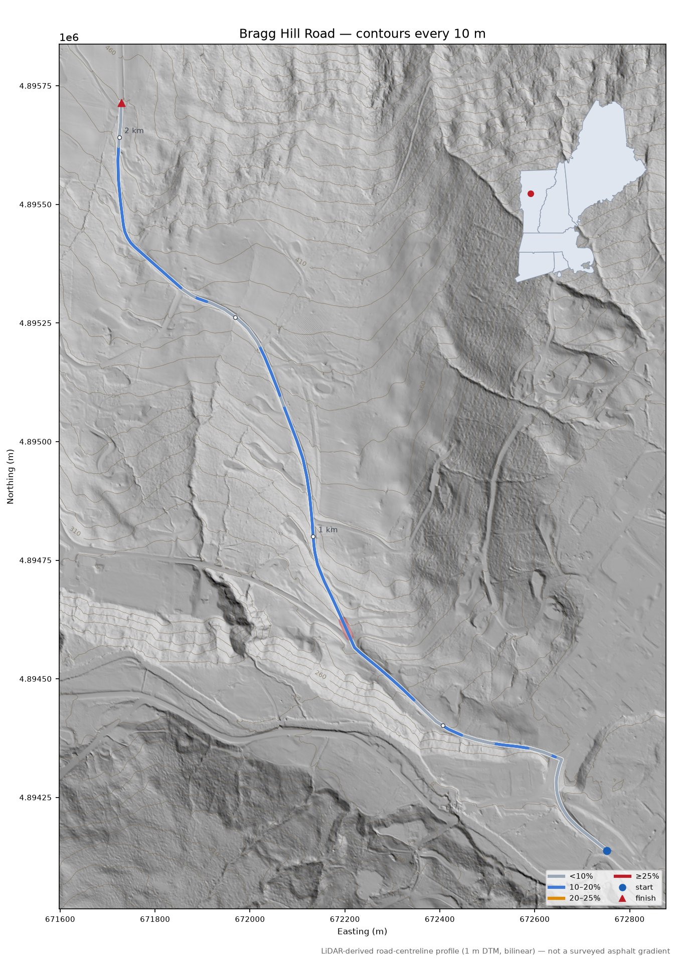 Bragg Hill Road LiDAR hillshade map with contours