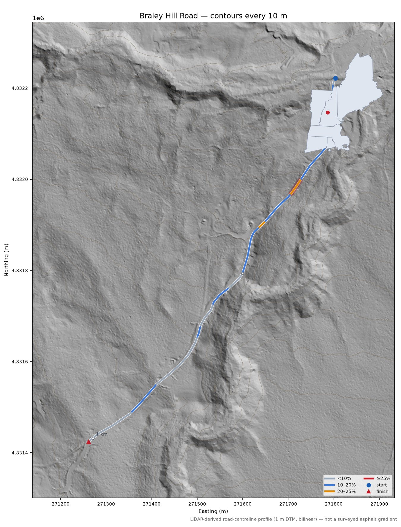 Braley Hill Road LiDAR hillshade map with contours
