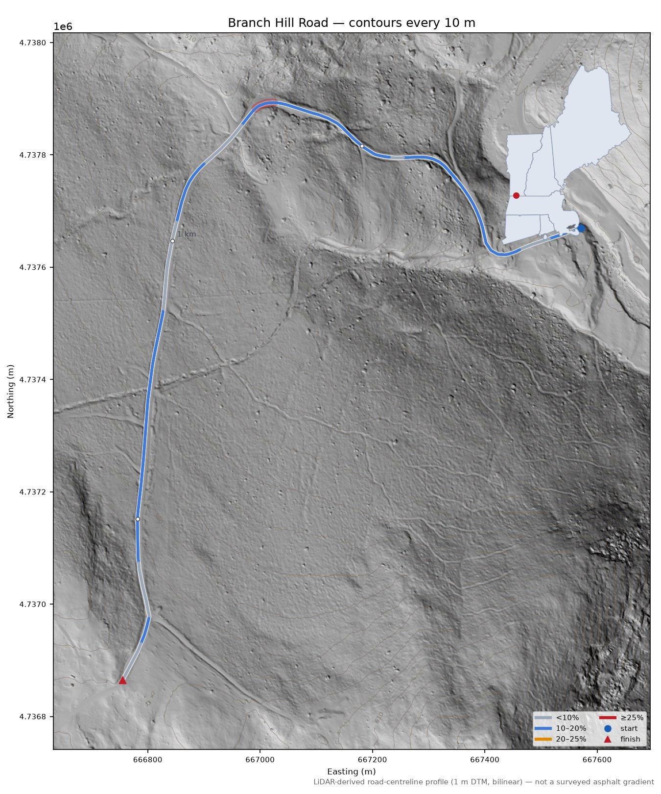 Branch Hill Road LiDAR hillshade map with contours