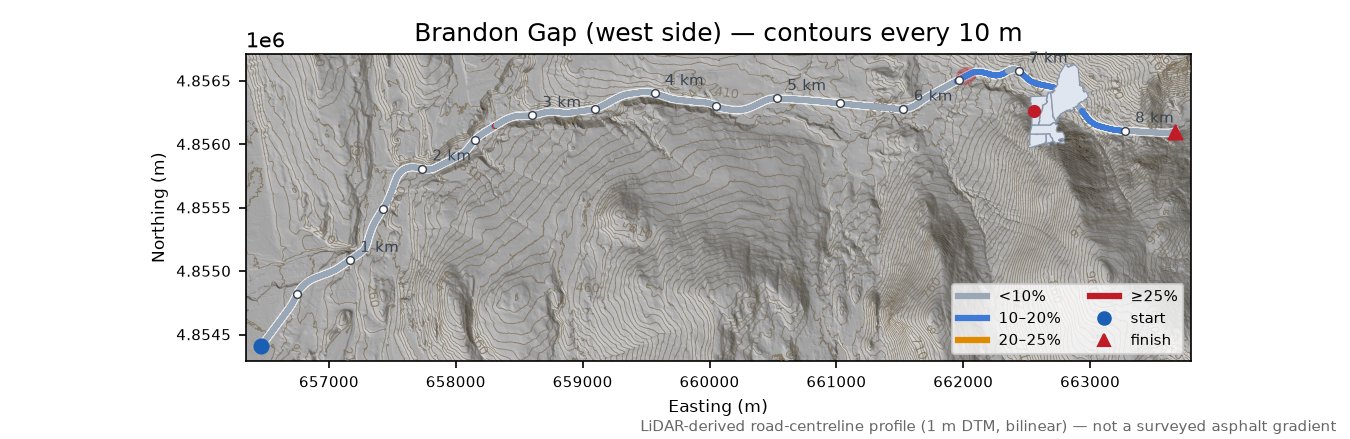 Brandon Gap (west side) LiDAR hillshade map with contours