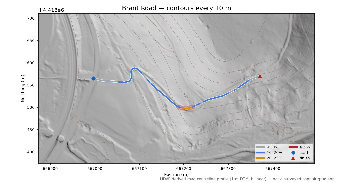 Brant Road LiDAR hillshade map with contours