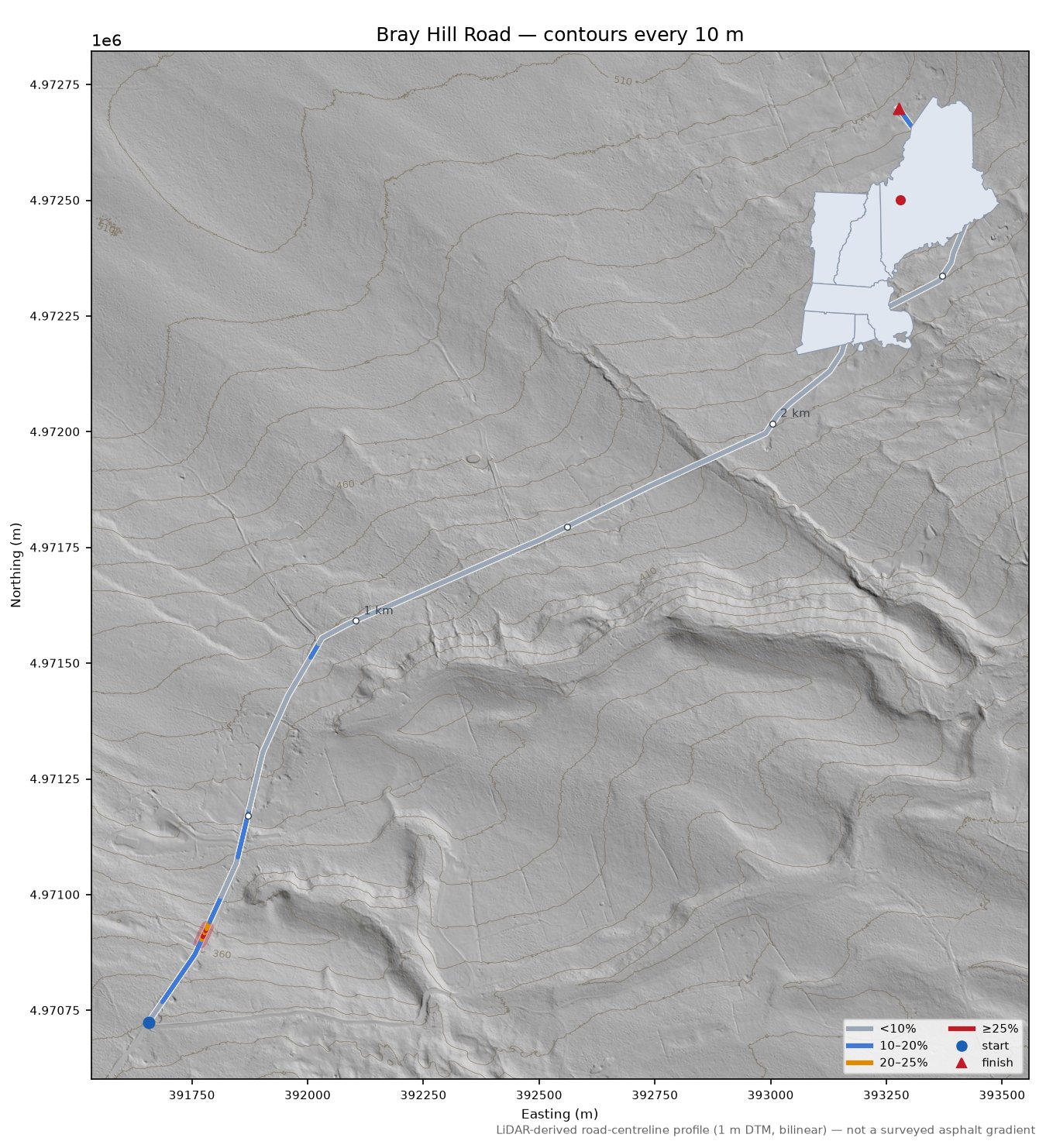 Bray Hill Road LiDAR hillshade map with contours