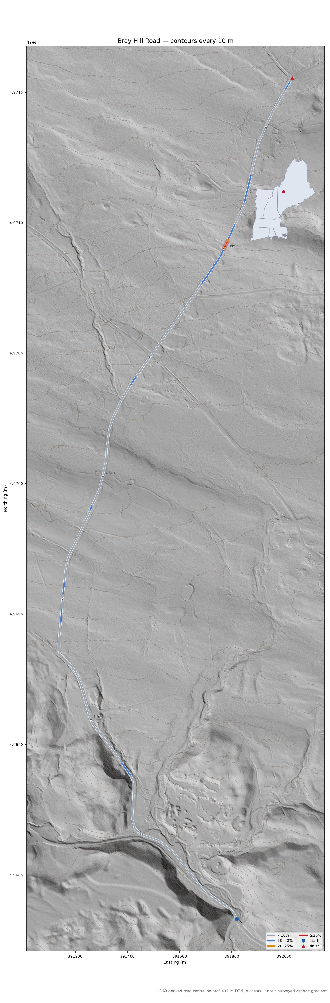 Bray Hill Road LiDAR hillshade map with contours