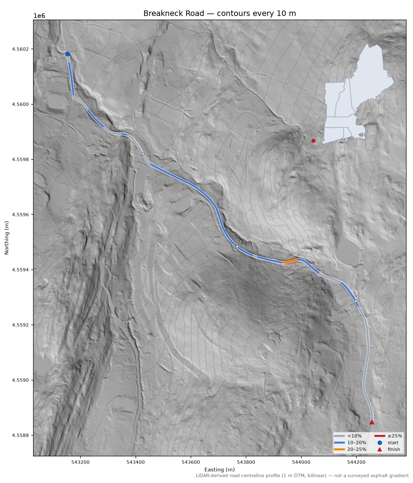 Breakneck Road LiDAR hillshade map with contours