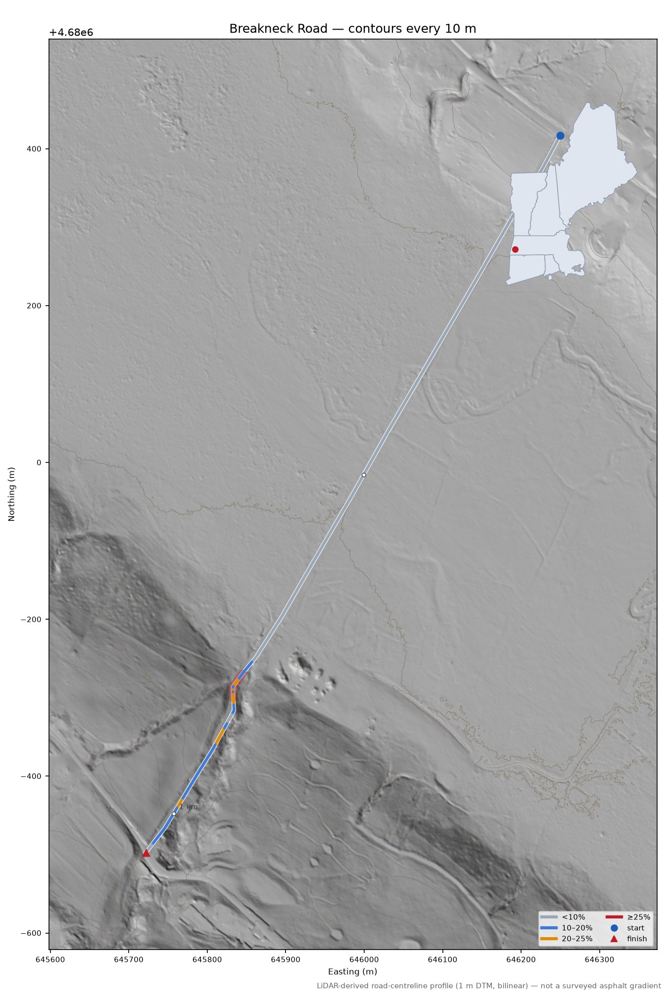 Breakneck Road LiDAR hillshade map with contours
