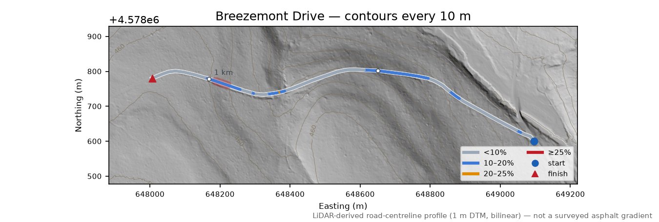 Breezemont Drive LiDAR hillshade map with contours