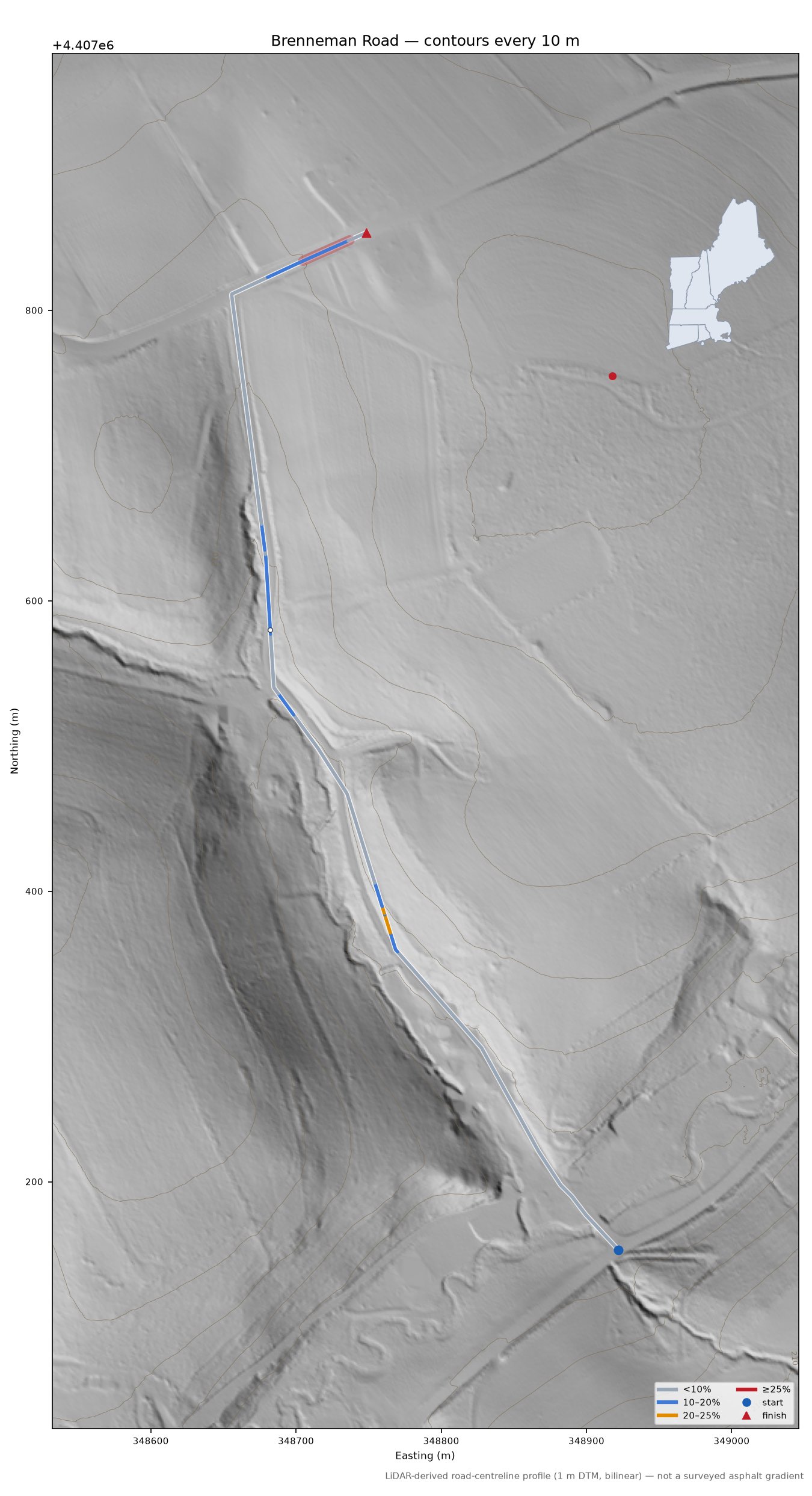 Brenneman Road LiDAR hillshade map with contours