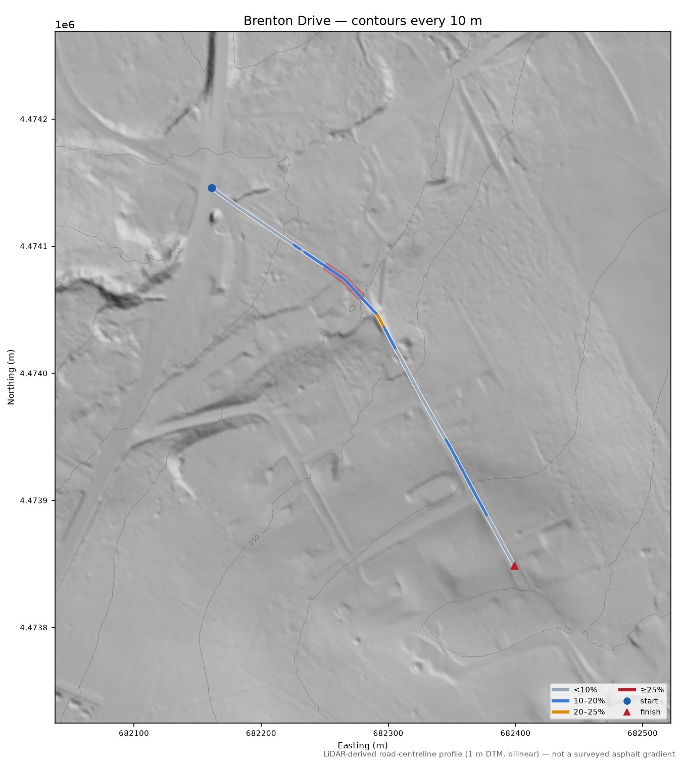 Brenton Drive LiDAR hillshade map with contours