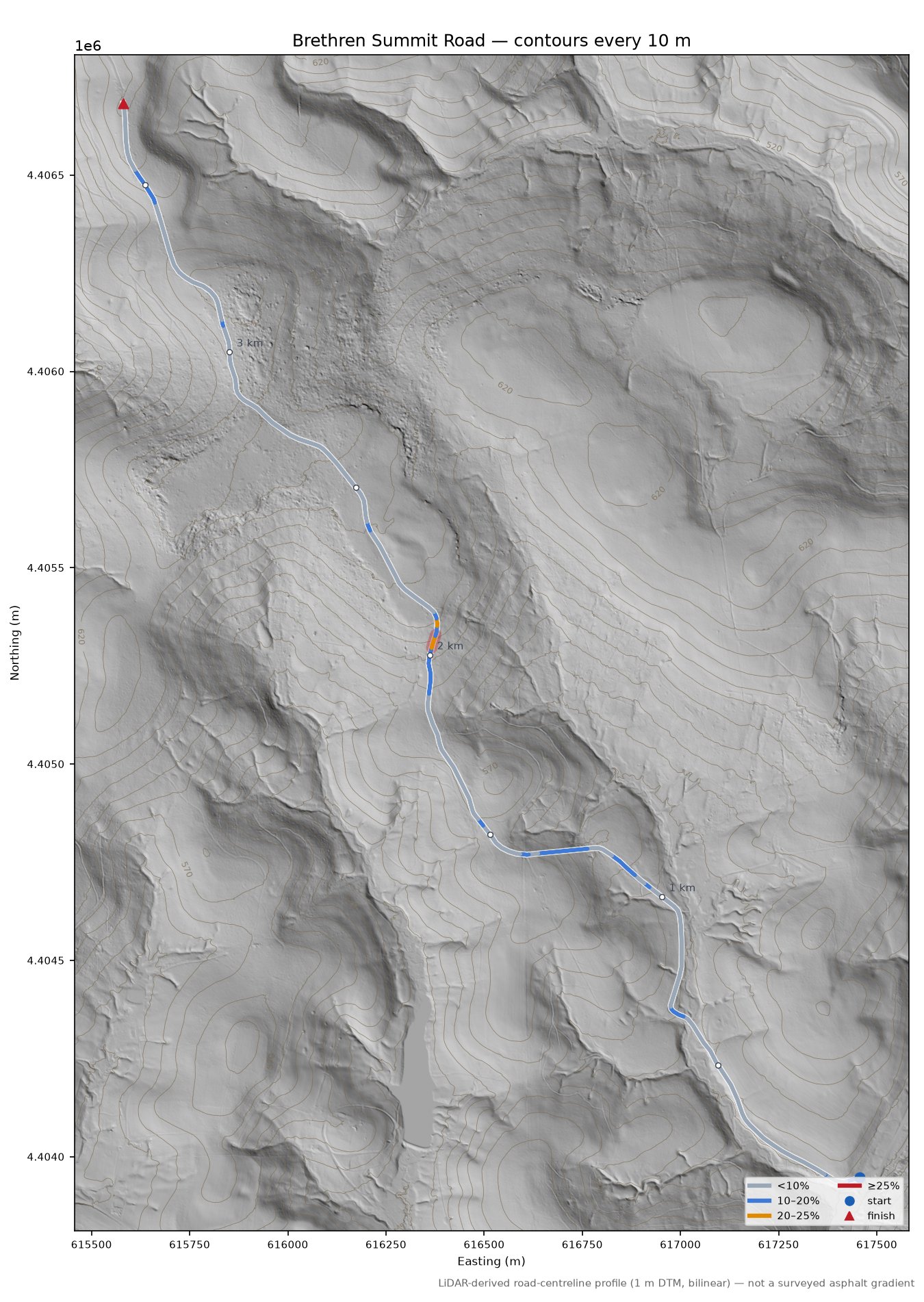 Brethren Summit Road LiDAR hillshade map with contours