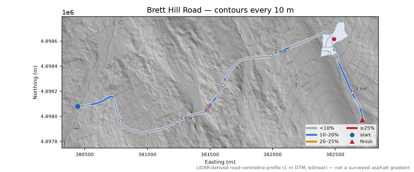 Brett Hill Road LiDAR hillshade map with contours