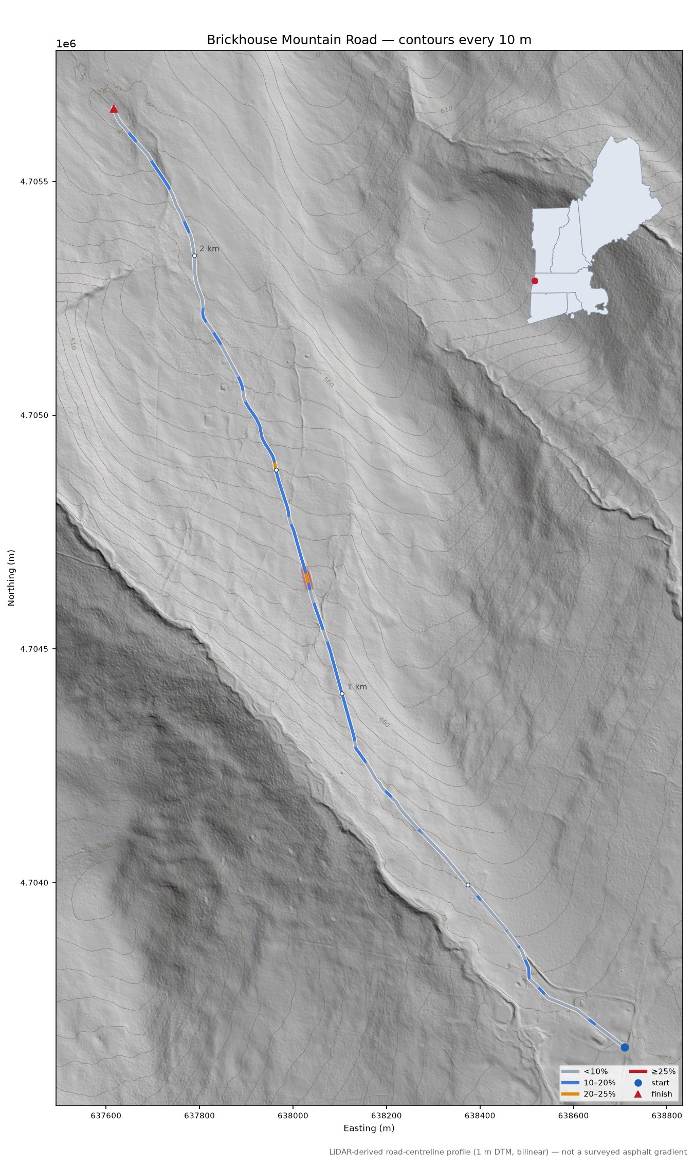 Brickhouse Mountain Road LiDAR hillshade map with contours