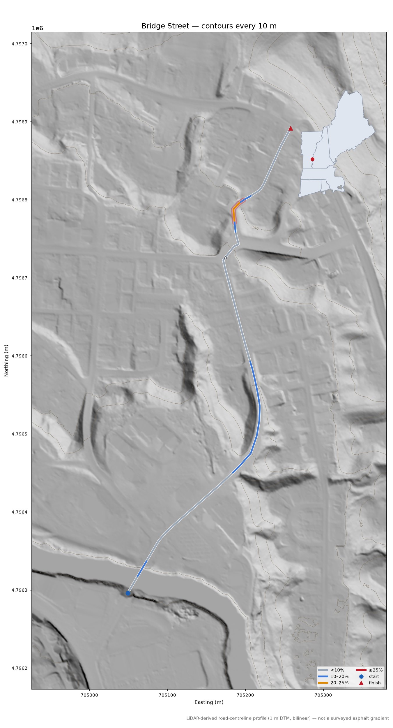 Bridge Street LiDAR hillshade map with contours