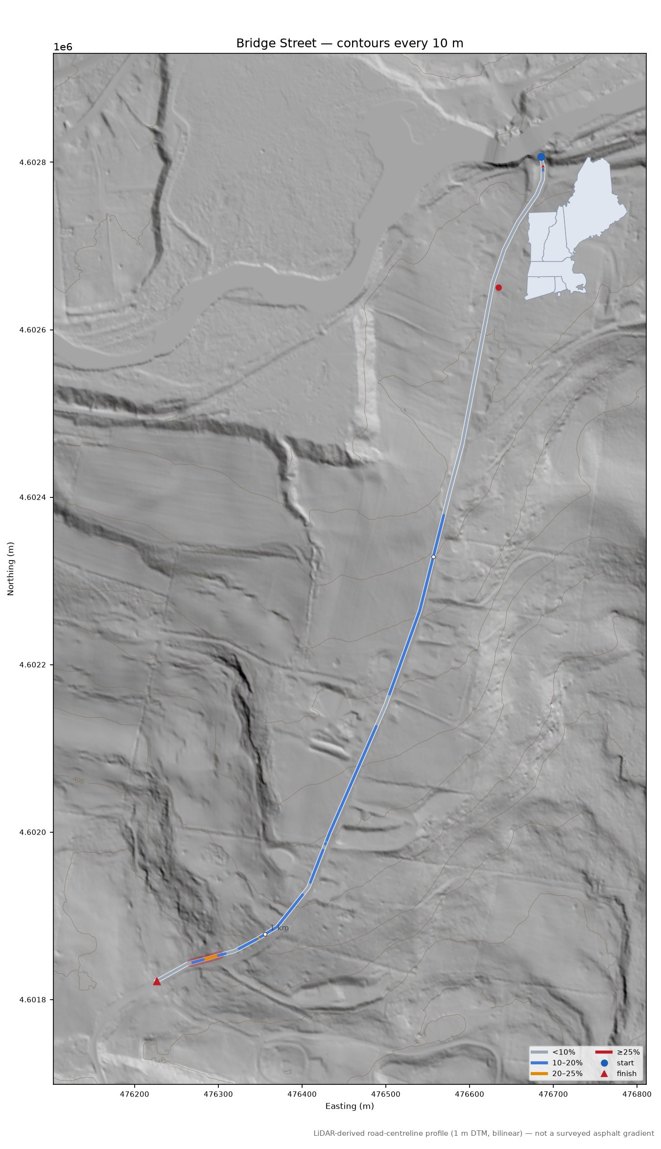 Bridge Street LiDAR hillshade map with contours