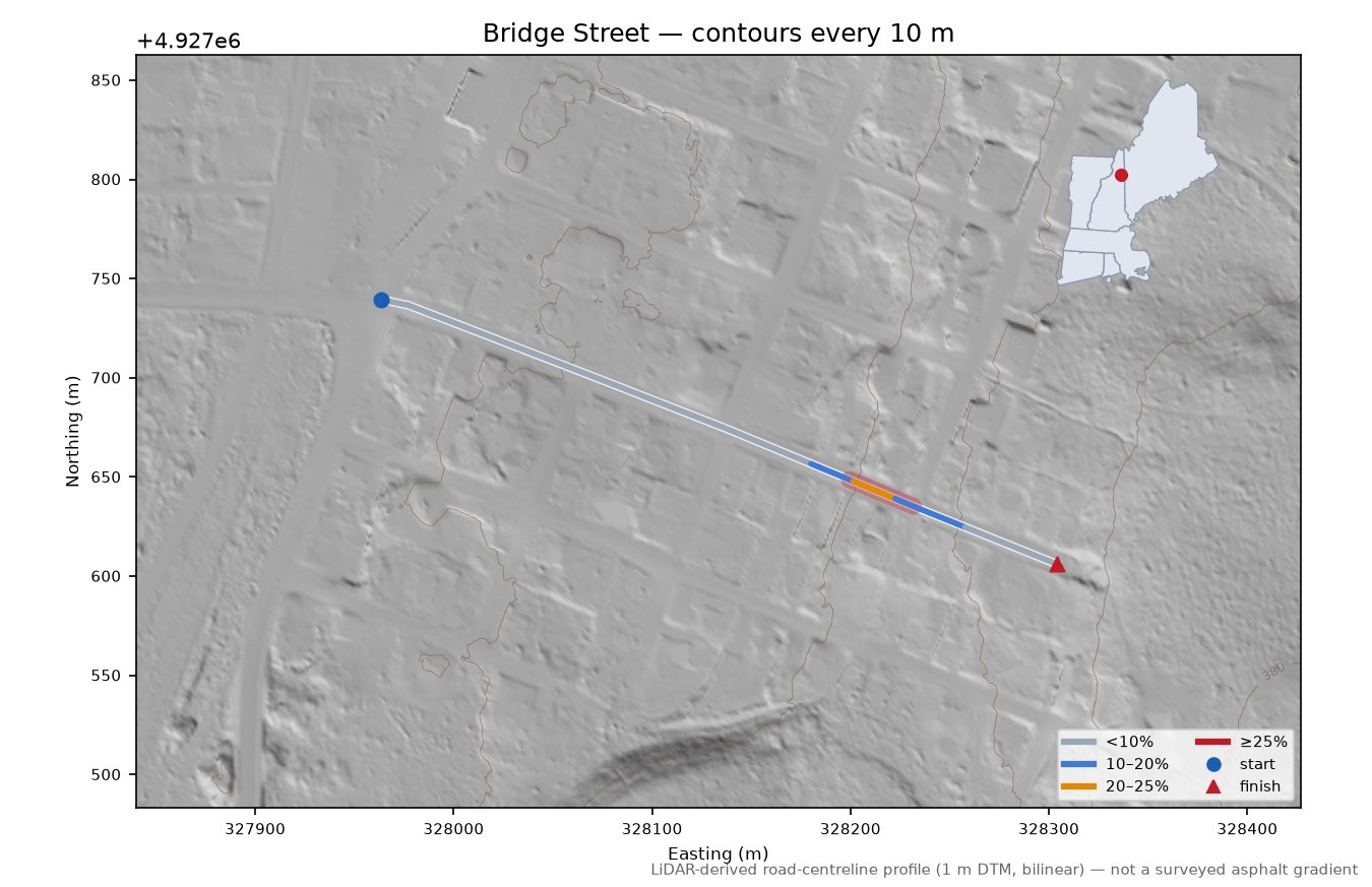 Bridge Street LiDAR hillshade map with contours