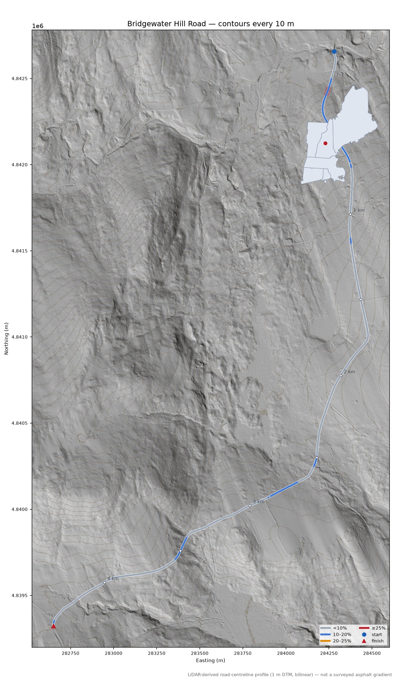 Bridgewater Hill Road LiDAR hillshade map with contours